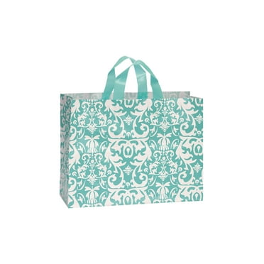 Large Aqua Damask Frosted Plastic Shopping Bags -  16" x 6" x 12" - Case of 100