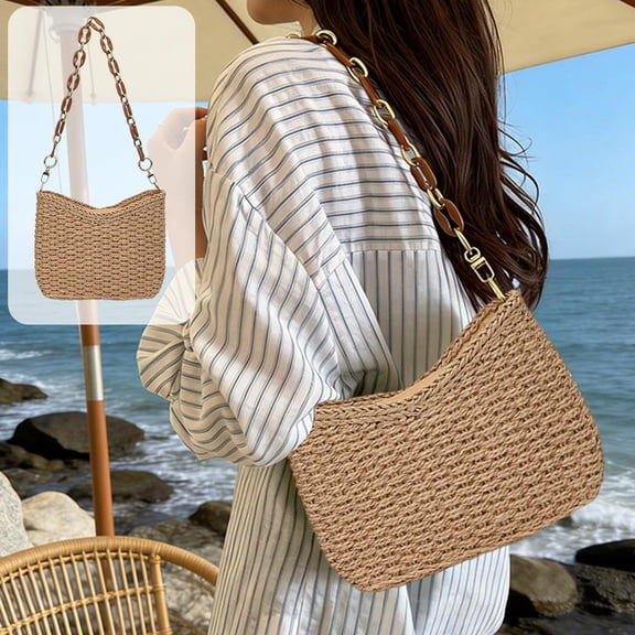 Straw Shoulder Bag for Women Summer Small Boho Woven Shoulder Purse Beach Vacation Tote Bag Handbag