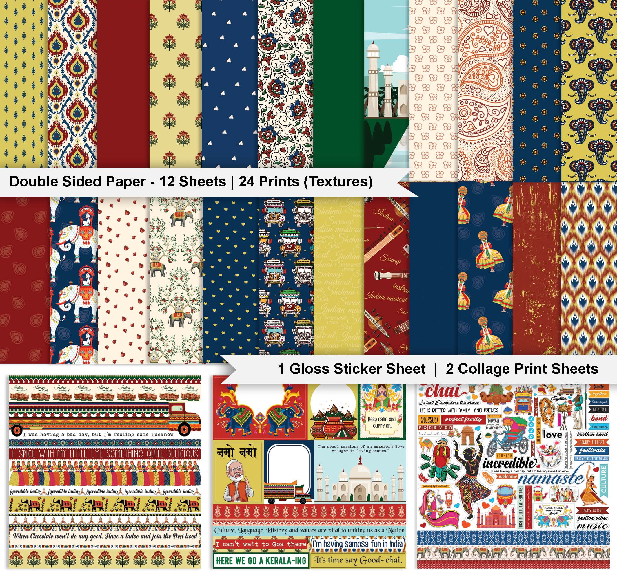 Inkdotpot Indian Asian Theme Collection Double,Sided Scrapbook Paper Kit Cardstock 12"x12" Card Making Paper Pack Of With Sticker Sheet - 16 Pages - Multicolor