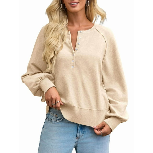 Chandail à Boutons Col Rond pour Femmes Automne Manches Longues Henley Chemises Tendance Chandail Ample Blanc Crème L