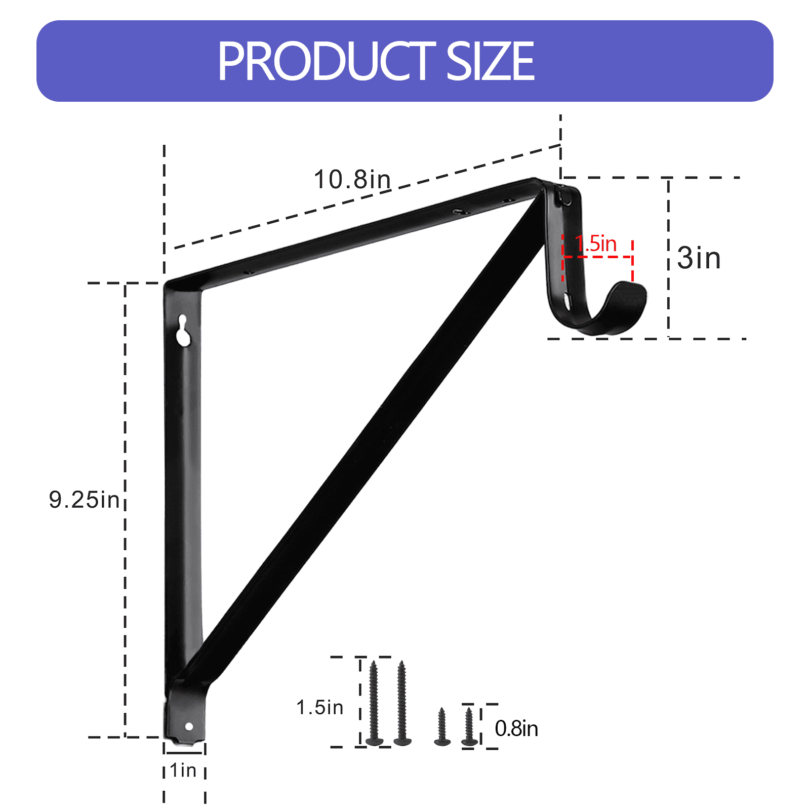 WellMade 11 x 9.5 in Wall Mounted Closet Rod Brackets 2 Pack, Steel Shelves Support with Rod Shelving Support, Black with Screws