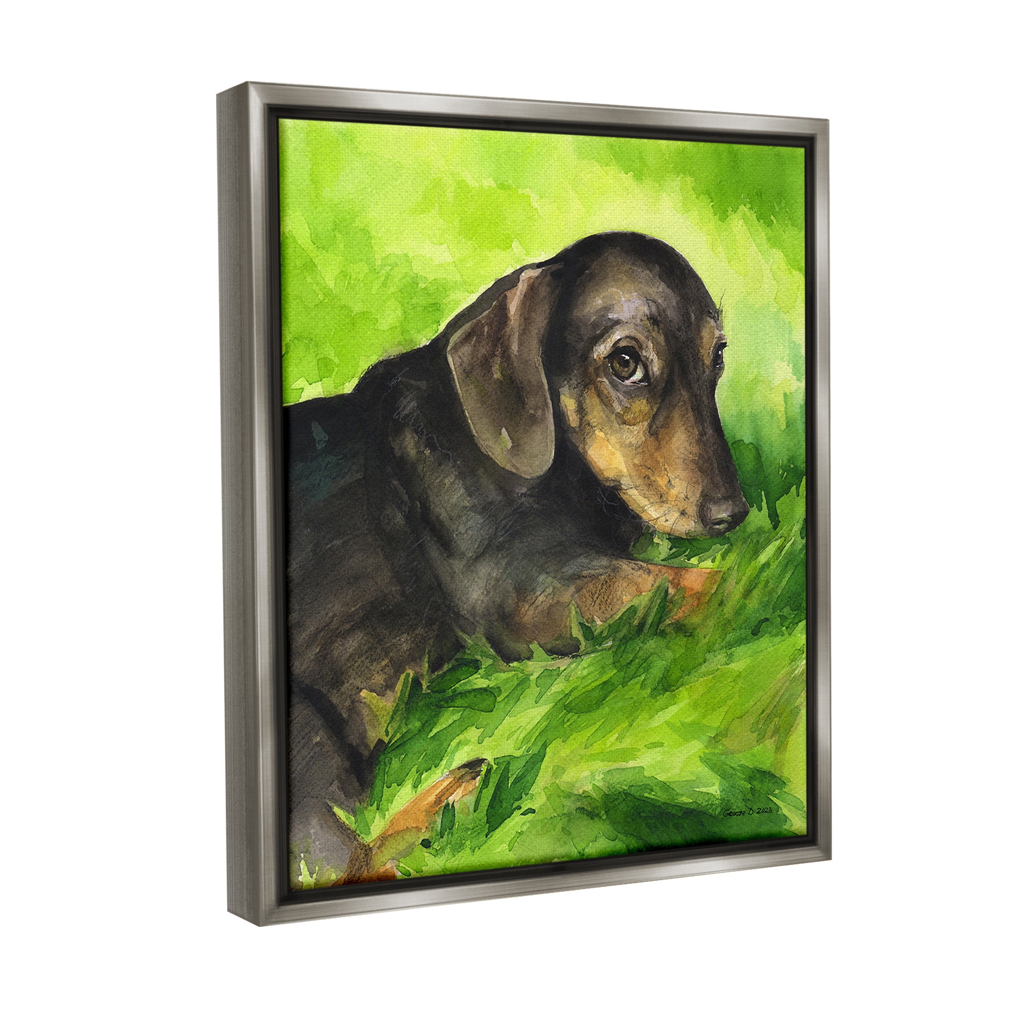 Stupell Industries Dachshund Relaxing in Grass Animals & Insects Painting Gray Floater Framed Canvas Art Print Wall Art, 17 x 21