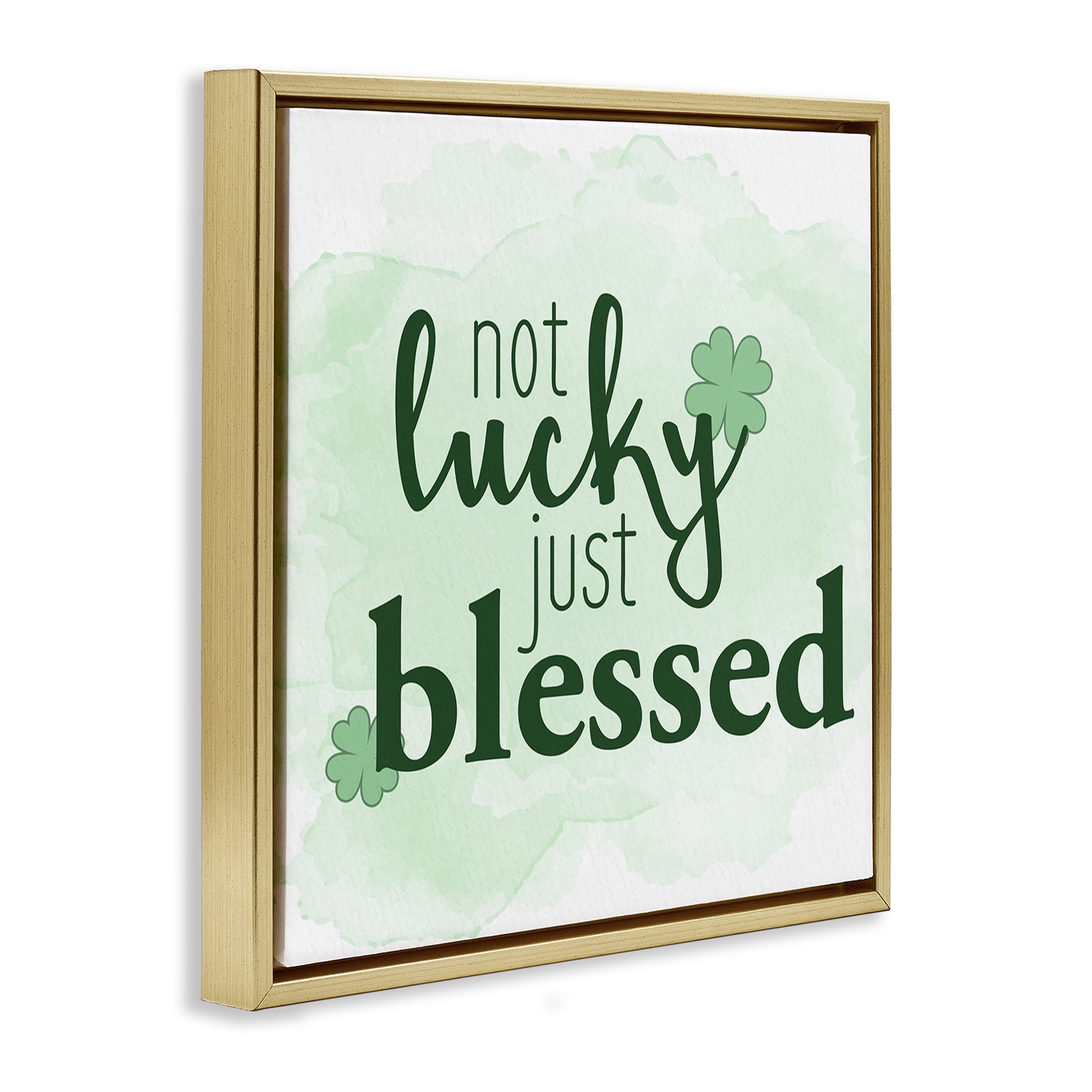 Stupell Industries Just Blessed Green Shamrocks Holiday Painting Gold Floater Framed Canvas Art Print Wall Art, 25 x 25