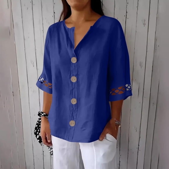 Njagoc3 Women's V-Neck Relaxed Fit Button-Down Shirt - Office & Casual Wear,Blue,XL