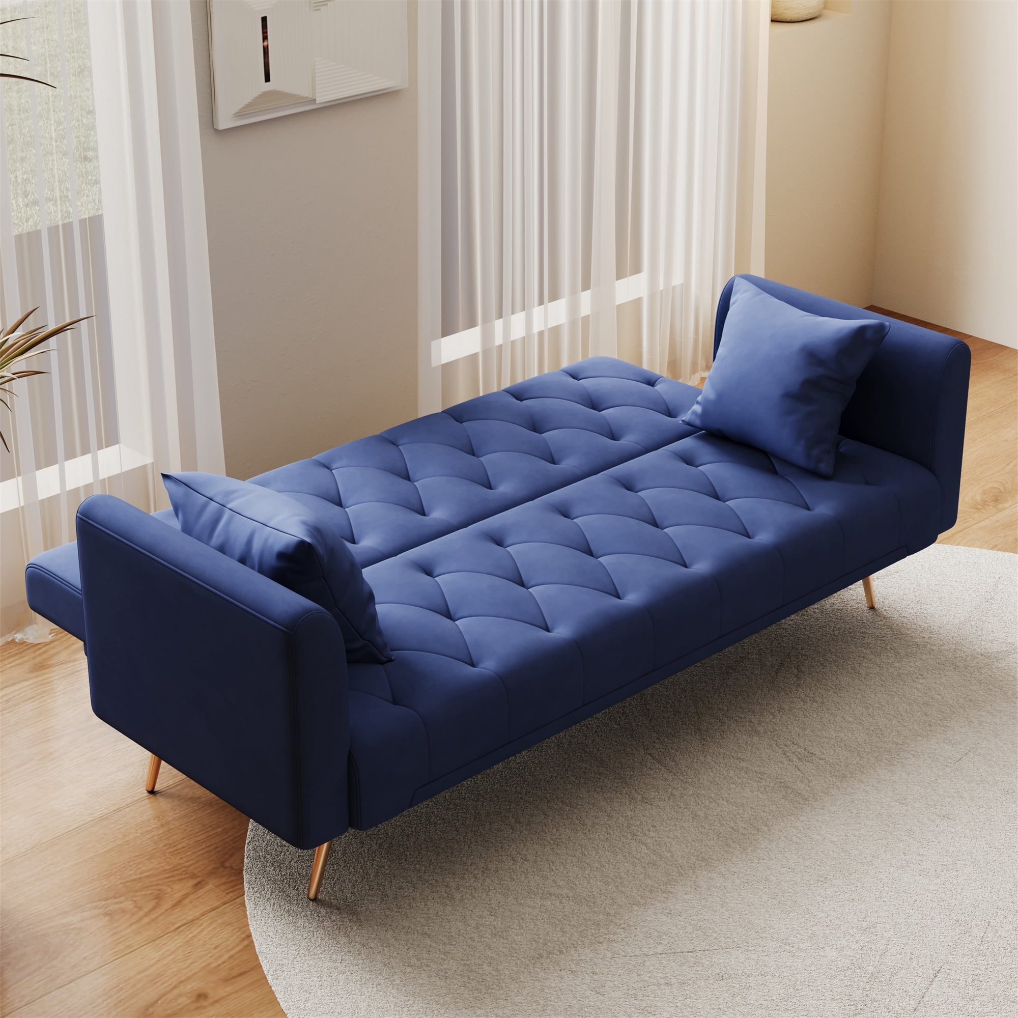 Aukfa Curved Arm Futon Convertible Sofa Bed for Home Office, 2 Pillows, Tufted Back, Velvet, Blue