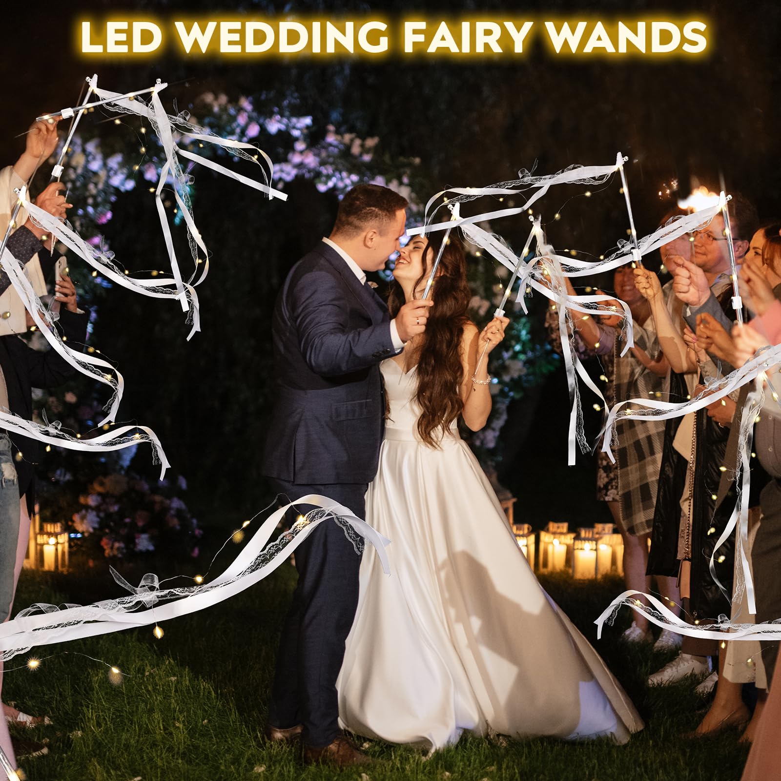 16Pcs Wedding Wands Ribbon Streamers, Light up LED Silk Fairy Wands, Glow Lace Stick with Bells for Wedding Reception, Graduation, New Year, Birthday Party (Warm White)