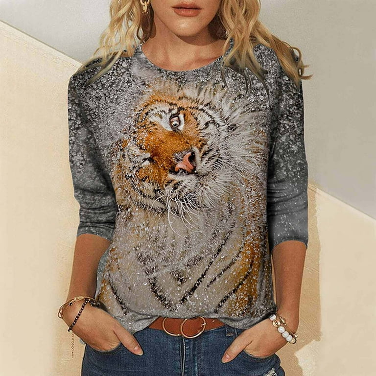 JWZUY Women's Animal Tiger Printing Shirts Tops Crewneck Long Sleeve T  Shirts Regular Fit Casual Round Neck Tops Blouses Shirt Khaki M