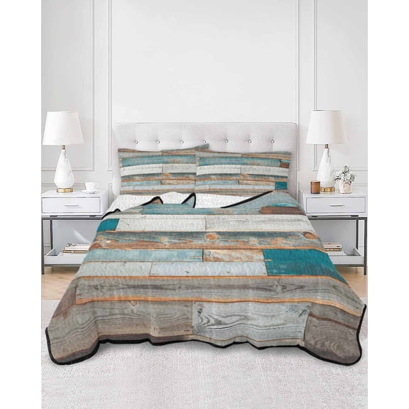Quilts Twin Size, Turquoise Brown Soft Comforter Bedding Set for Bed, Vintage Country Ombre Wooden Grain Lightweight Quilted Bedspread with Pillow Cover(2 Pieces) for All Season, 68x86 Inch