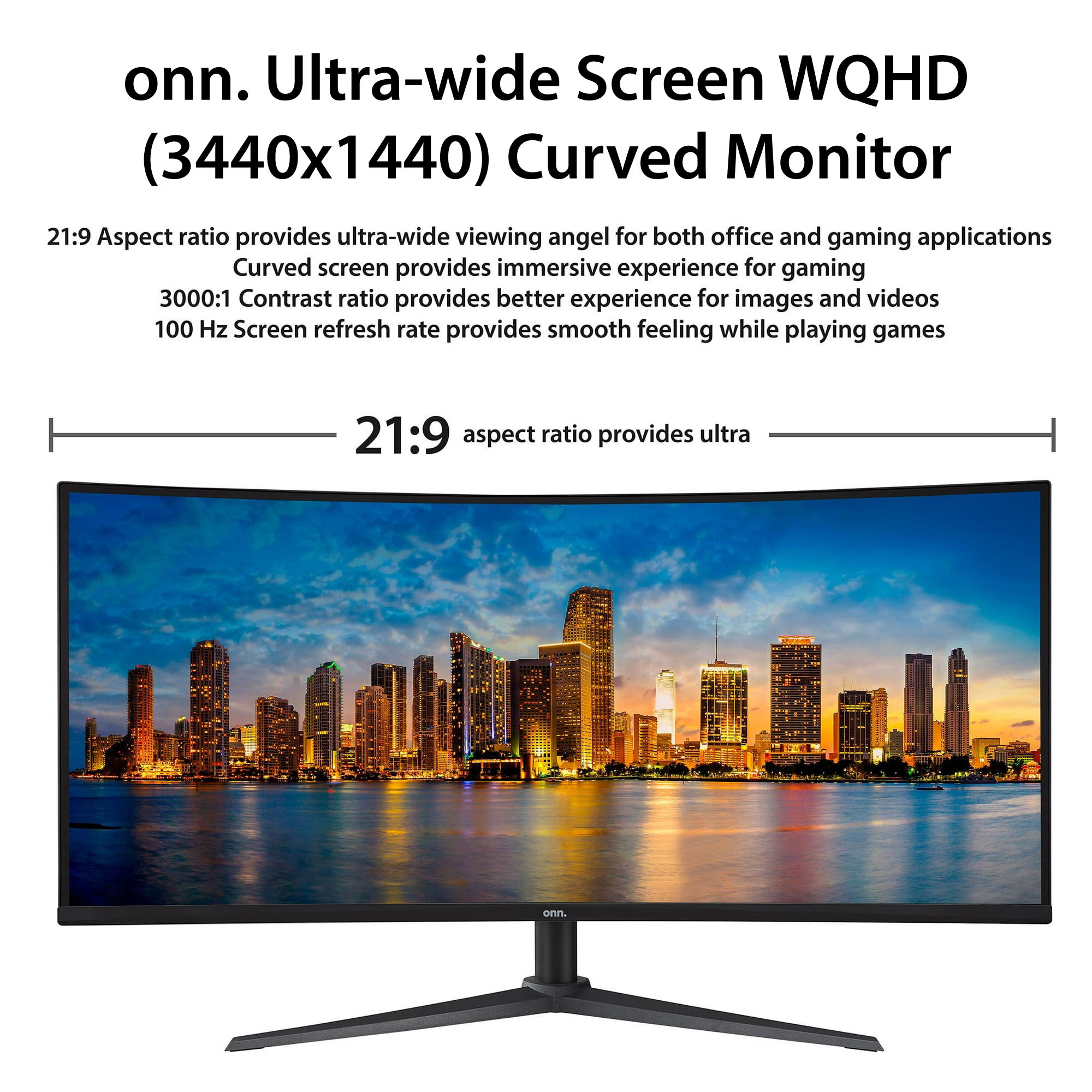 onn. 34" Curved Ultrawide WQHD (3440 x 1440p) 100Hz Bezel-Less Office Monitor with Cable, Black - image 3 of 9