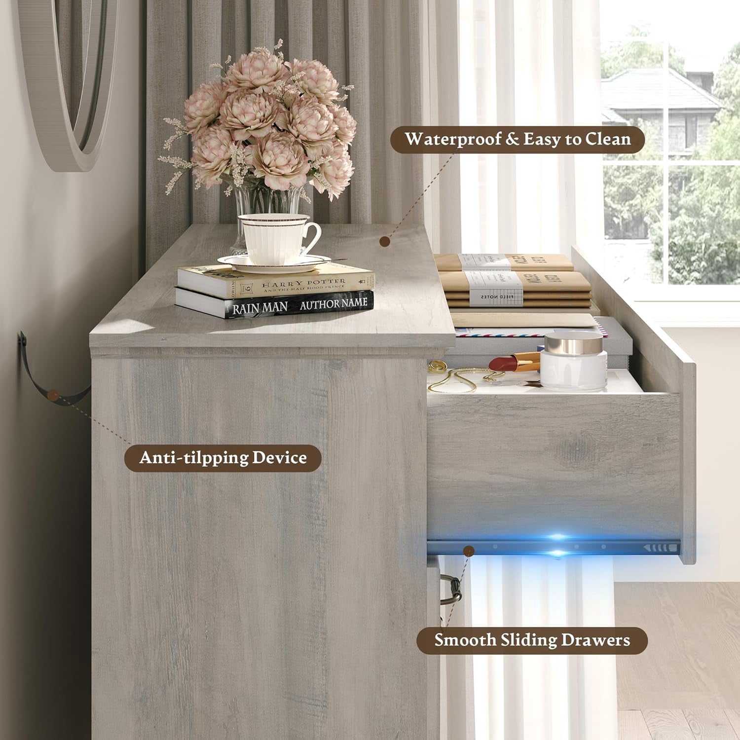 FANRAL 6 Drawers Dresser for Bedroom,Wood Rustic Storage Cabinet Chest of Drawers,Farmhouse Large Drawers with Metal Handles,Light Gray Dresser(Plus)