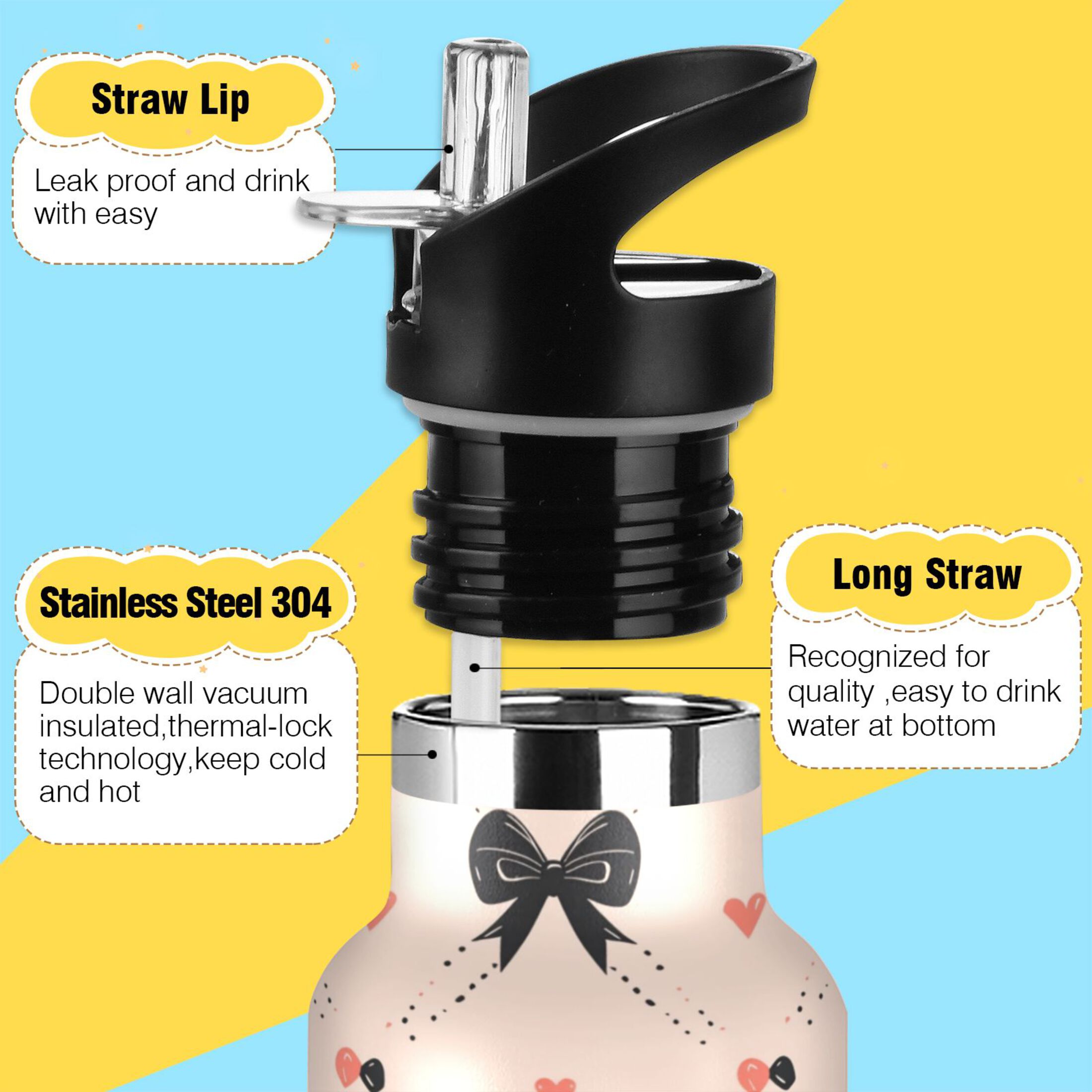 Kids Insulated Stainless Steel Sports Water Bottle 600ml (20oz) Black Bows Pattern