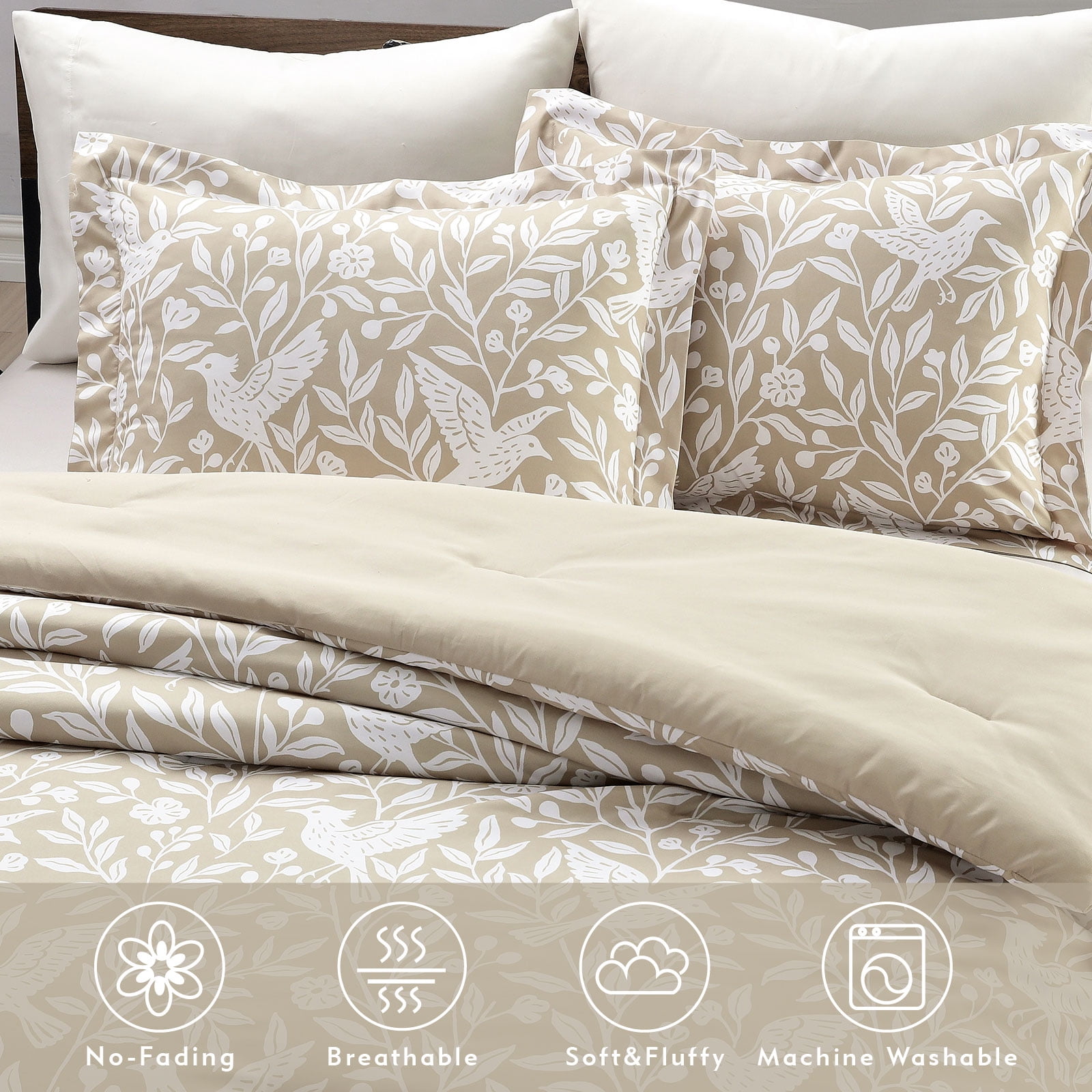 Notticasa 3-Piece Printed Comforter Sets,Beige,Twin,Features a Floral and Peacebird Design, Including a Quilt Cover and Pillowcases