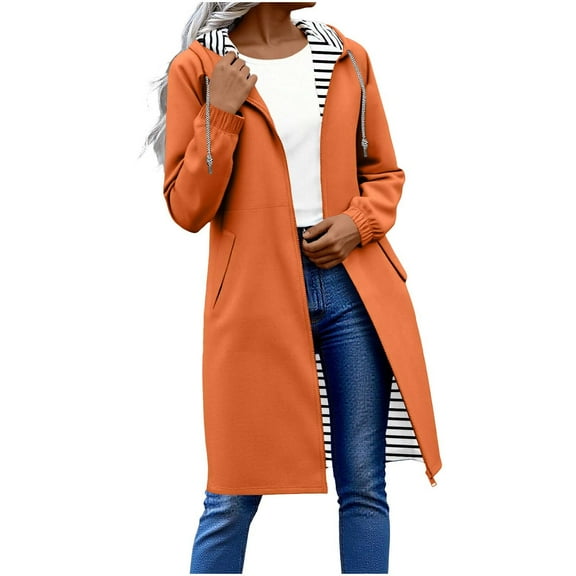 Guzom Womens Orange Lightweight Nylon Hooded Coat - Mid-Length with Full-Zip, Striped Lining & Side Pockets - Sizes S-XXL for Spring & Fall,Size M
