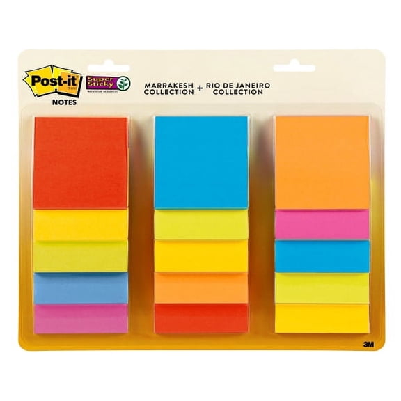 Post-it® Super Sticky Notes, 3" x 3", Assorted Colors, Pack Of 15 Pads