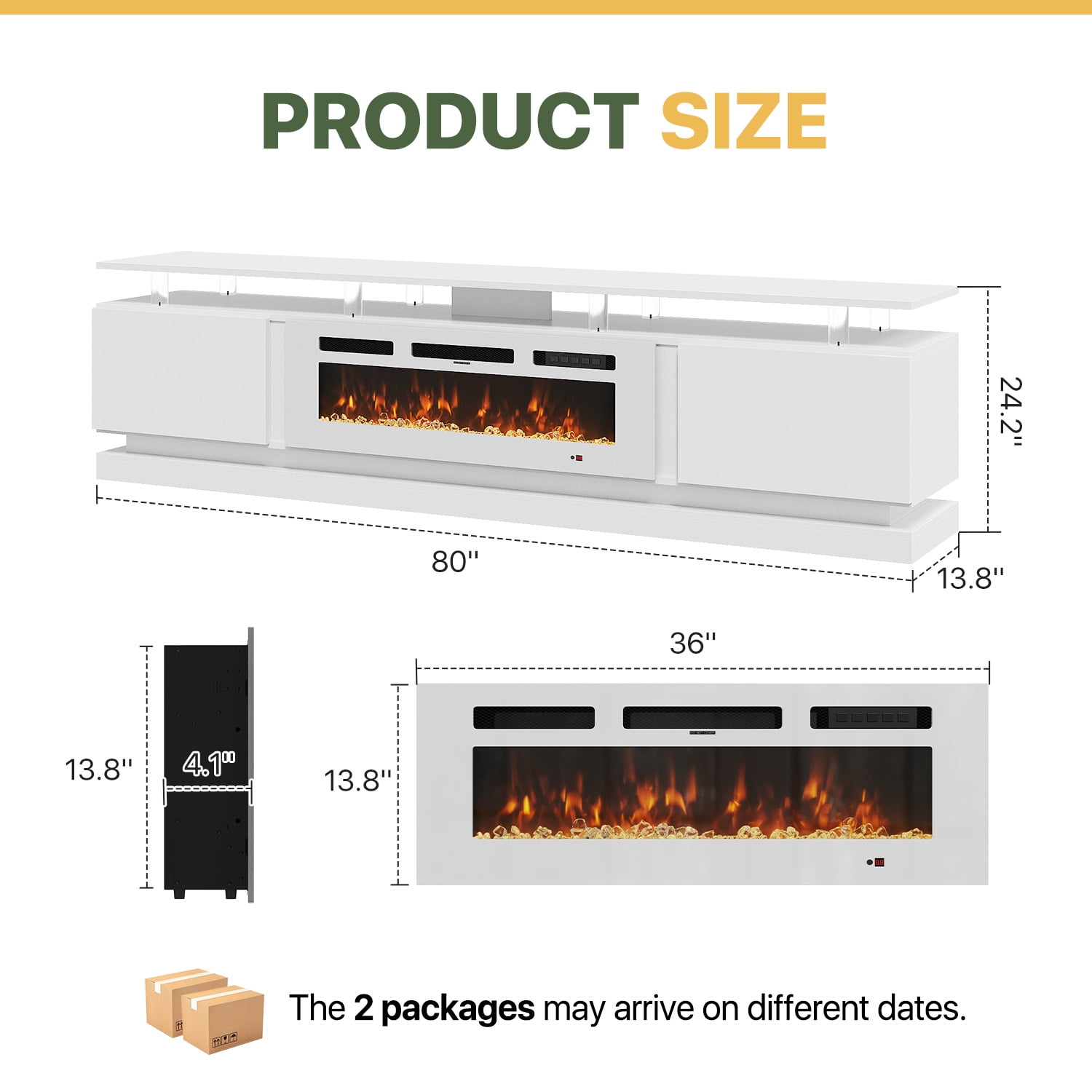 BaPiPro 80" Fireplace TV Stand for TVs up to 90", Large Modern Entertainment Center, White TV Console with 36" Electric Fireplace & LED Lights, White Fireplace