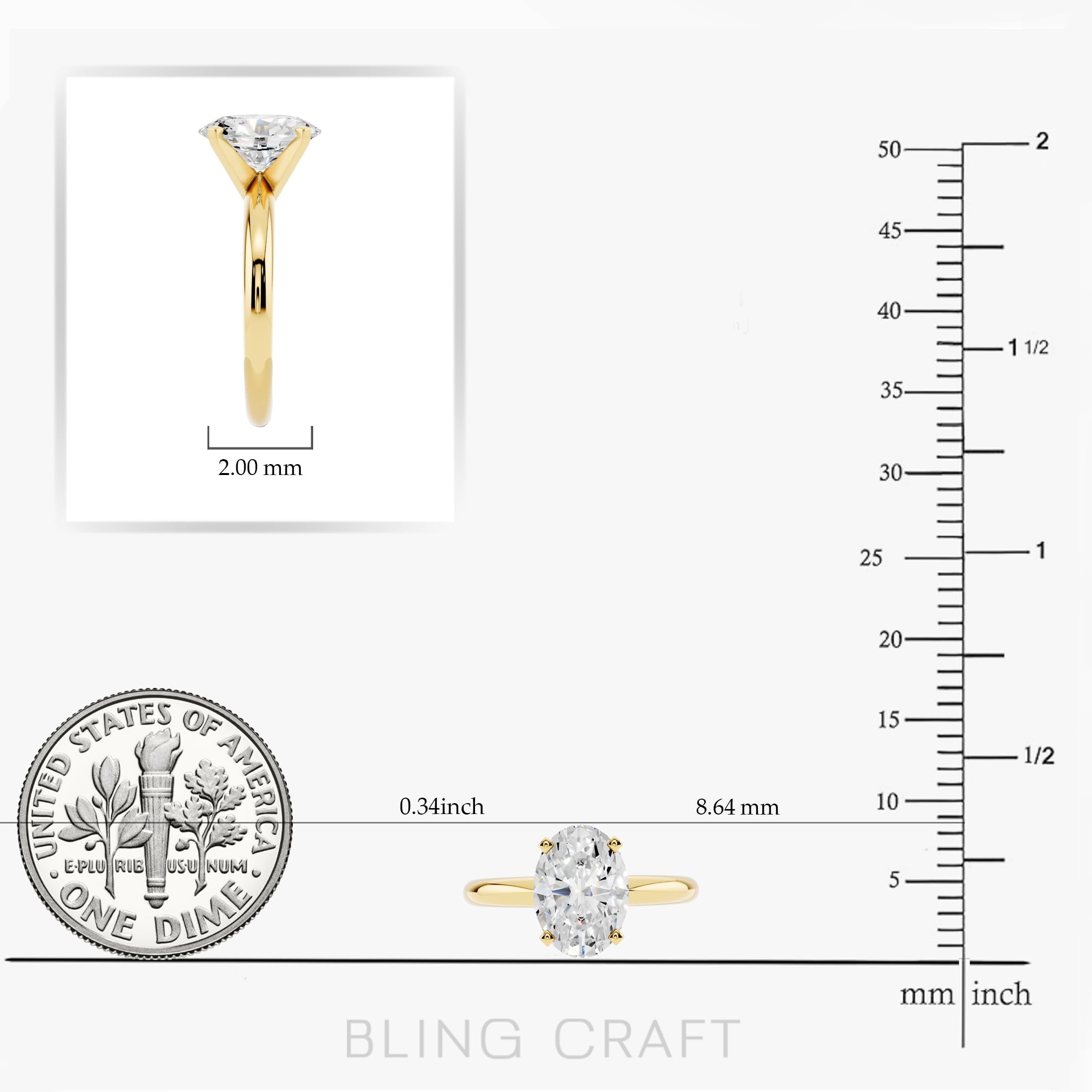 Bling Craft 14K Yellow Gold Plated 925 Sterling Silver 1 CT 8x5.7MM Oval Cut Solitare Moissanite Engagement Rings for Women - Moissanite Wedding Band for Women - Promise Rings Size 9