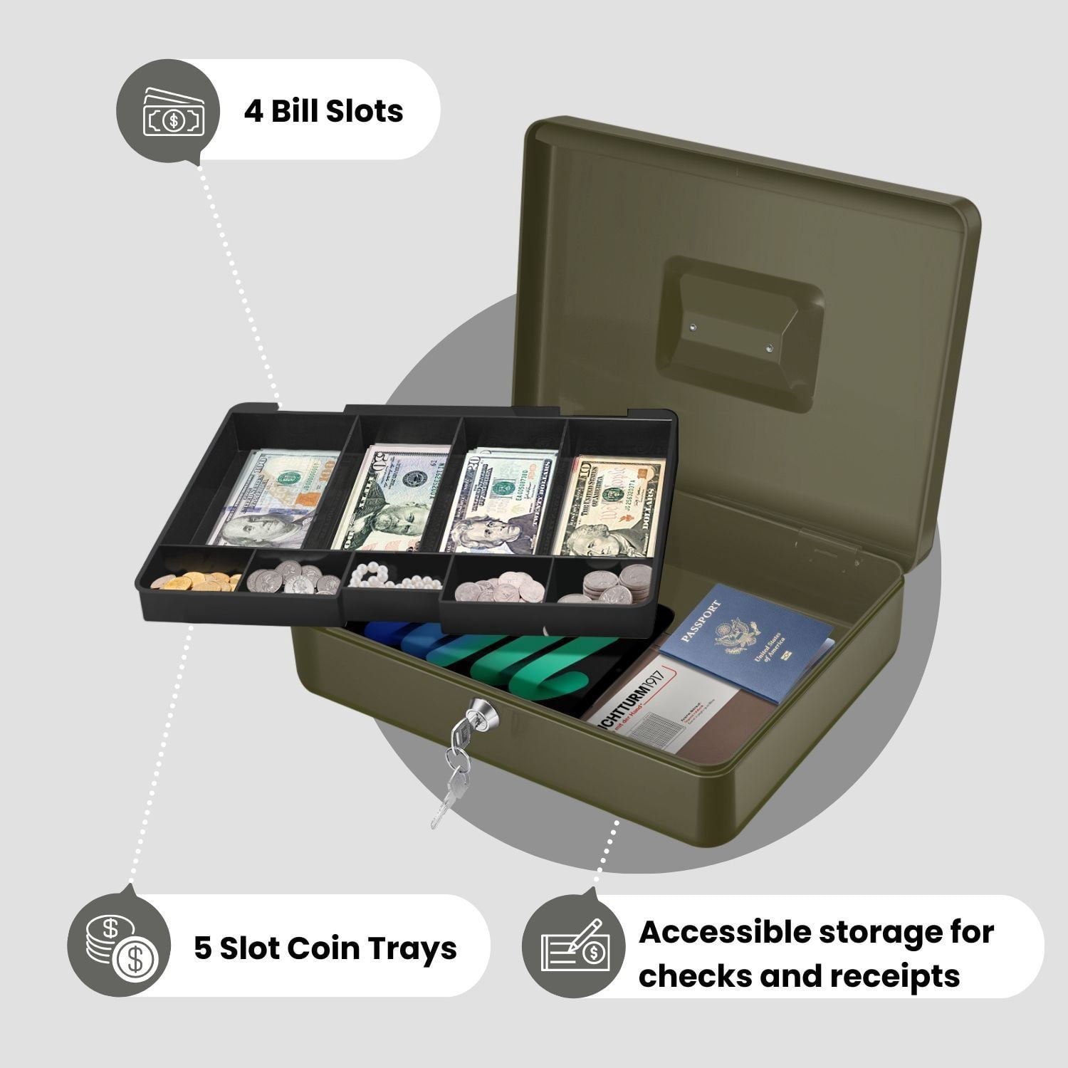 Cash Box with Money Tray and Lock - Metal Cash Box for Small Businesses, 9-Compartment Green Money Box with Lock and Key for Petty Cash, Checks, Coins, Portable Money Box for Cash Storage