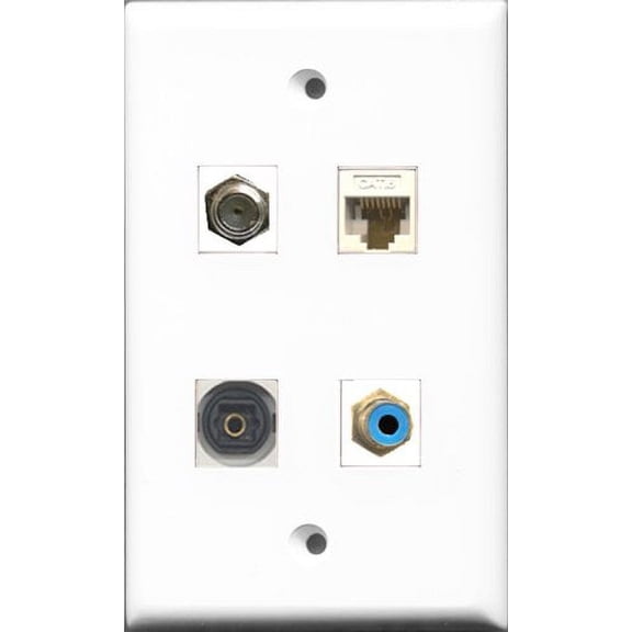 RiteAV 1 Port RCA Blue and 1 Port Coax Cable TV- F-Type and 1 Port Toslink and 1 Port Cat6 Ethernet White Wall Plate