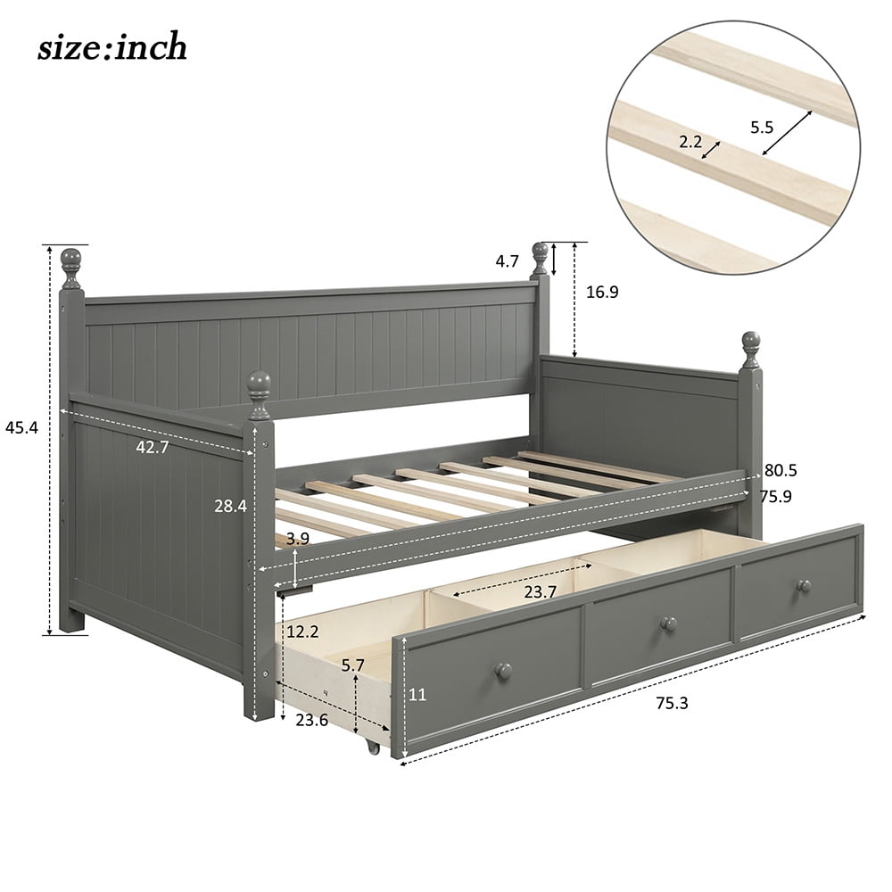 80" Wood Daybed with 3 Storage Drawers, Day Bed Sofa Bed for Bedroom, Gray