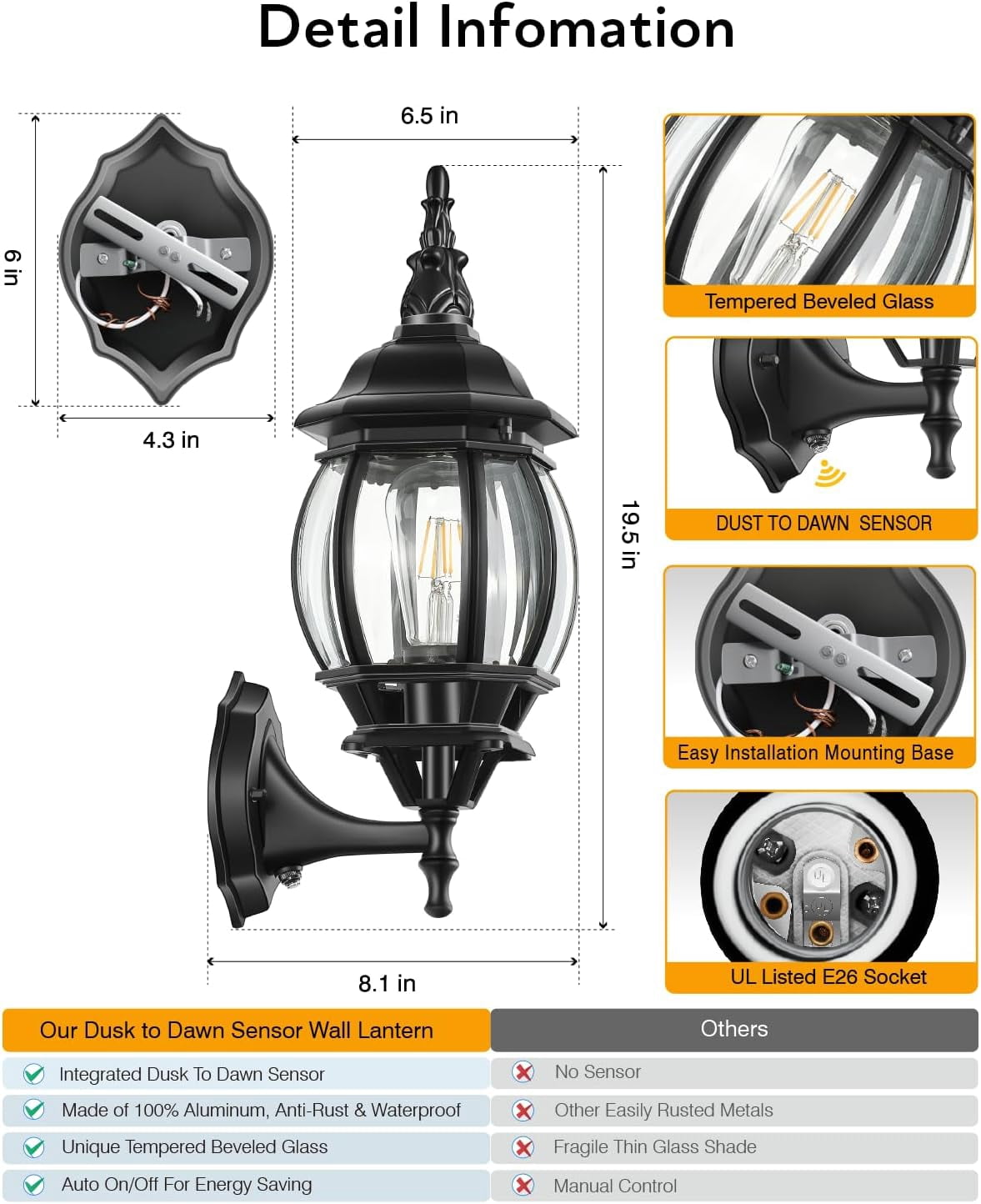VIANIS Outdoor Garage Lights Wall Mount, Dusk to Dawn LED Outdoor Lighting Wall Lanterns for Porch, Black Exterior Light Fixture, Modern Outdoor Sconce Lights, Waterproof Outside Wall Lamps 2 Packs