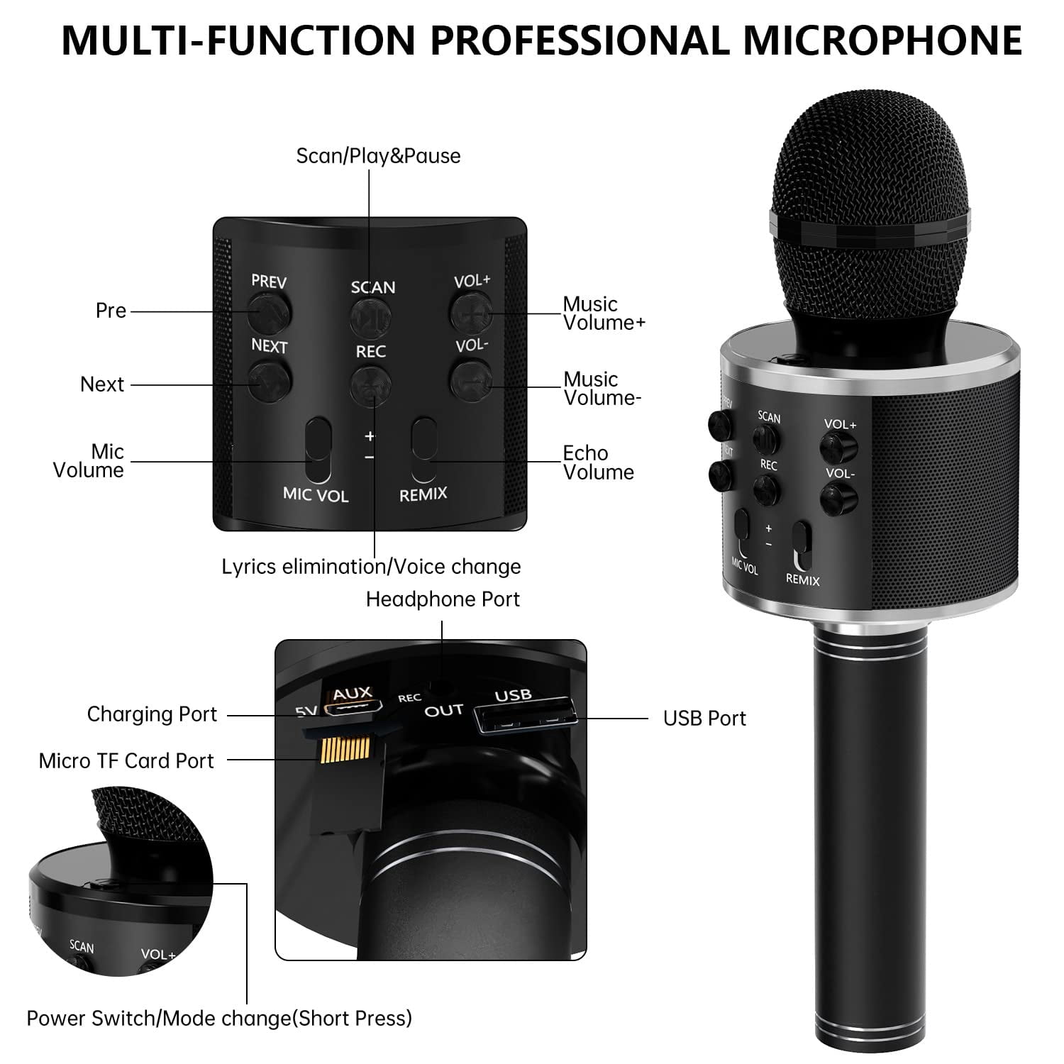DAKIMOE Wireless Bluetooth Karaoke Microphone, Portable Handheld Singing Microphone for Kids Adults with Stereo Speaker and Voice Changer for All Smartphones, Gifts for Girls Kids Adults, Black