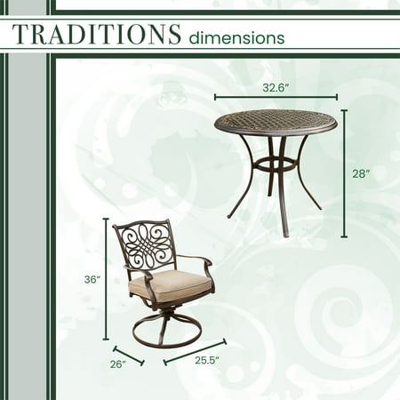 Hanover Traditions 3-Piece Rust-Free Aluminum Bistro Outdoor Patio Dining Set with Tan Cushions, 2 Swivel Rockers and Aluminum Round Bistro Table, TRADITIONS3PCSW
