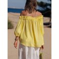 thumbnail image 7 of Niusricy Women Solid Basic Ruffled Blouse Ladies Elegant Off-Shoulder Boat Neck Shirts Half Puffy Sleeves Tunic Tee Loose Flowy Fit Tops Fashion Casua Streetwear for Shopping Holiday Leisure, 7 of 7