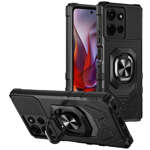 Military Grade Robotic Series Hybrid Case with Ring Grip for Motorola Moto G 2025 - Black