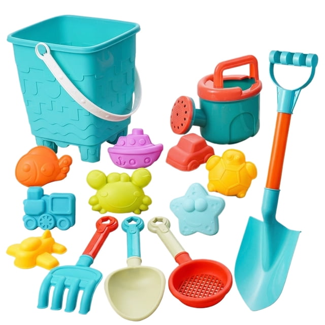 Ultimate 14Pcs Beach Sand Toys Kit Including Castle Barrel Bucket, Marine Life & Vehicle Sand Molds, Digging Shovel Tools, Summer Outdoor Activity Set for Kids