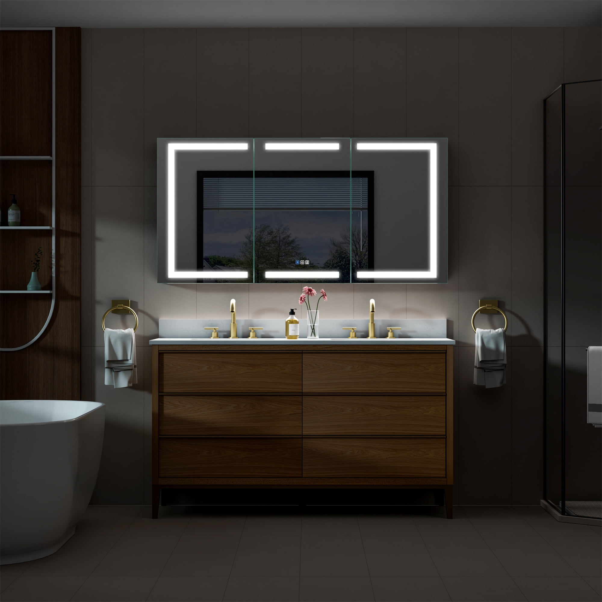 ANGELES HOME 60"x30"LED Medicine Cabinet with Lights, Medicine Cabinet with HD Mirror, Surface or Recessed, Anti-Fog, Dimmable, Memory Function, Outlets & USB, Three Opening Doors