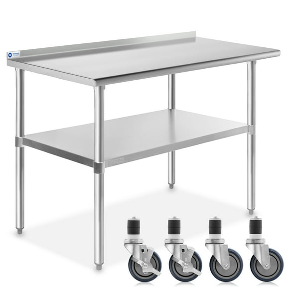 GRIDMANN 48 x 24 Inch Stainless Steel Table w/ Backsplash & 4 Casters, NSF Commercial Kitchen Work & Prep Table
