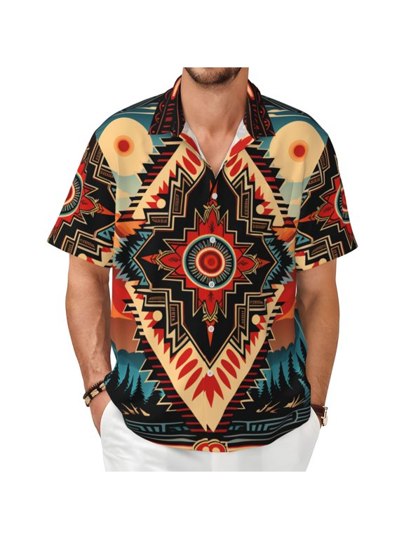 Men Short Sleeve Button Down Shirts Summer Beach Hawaiian Tops , Aztec Baja Southwest Western Native Cool