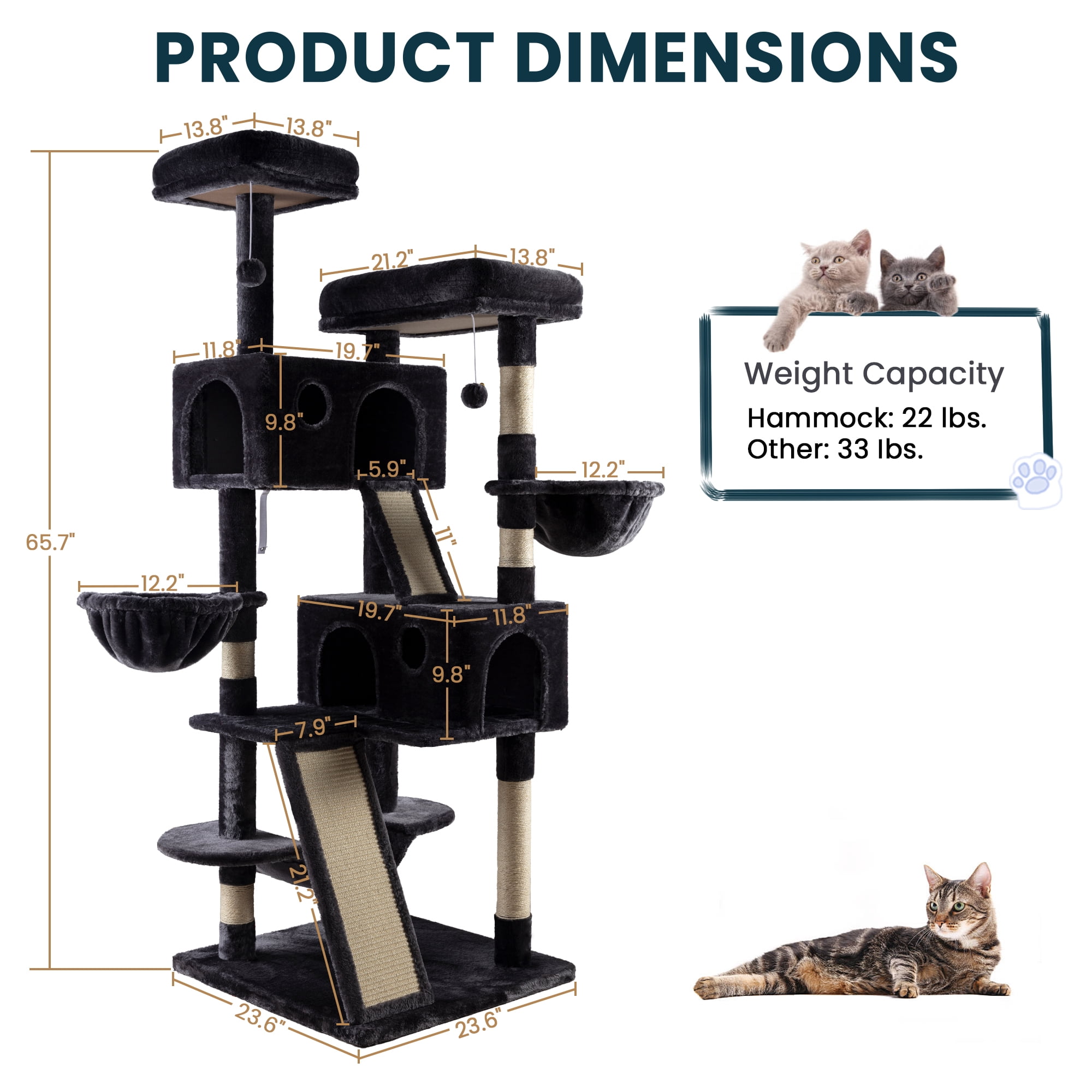 Merrland 65.7 " Large Cat Tree Tower Condo for Cats with 2 Scratching Ramps, Hammock & Scratching Posts, Dark Blue