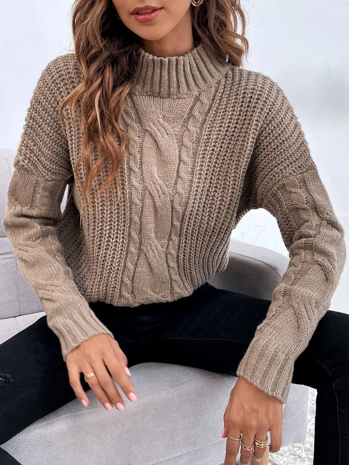 Women's Funnel Neck Cable Knit Sweater 