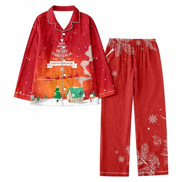 Gibobby pijamas a juego Conjunto de pantalón de manga larga con de nieve informales para vacaciones de Papá Noel con estampado de solapa navideña para mujer (Anaranjado, S)
