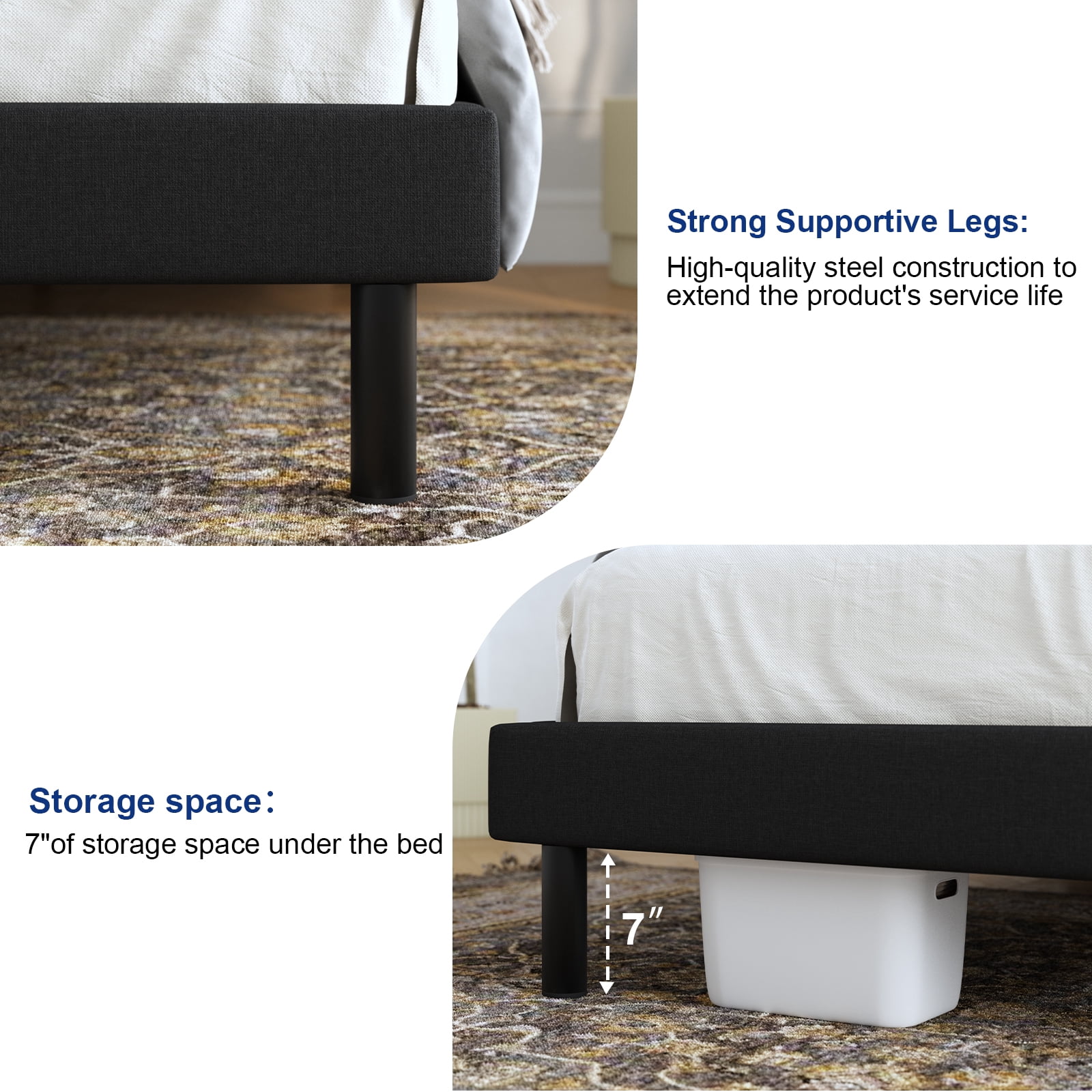 Queen Bed Frame, GELBIY Queen Bed Fabric Upholstered Headboard, Black, Sturdy Bed, Metal Furniture