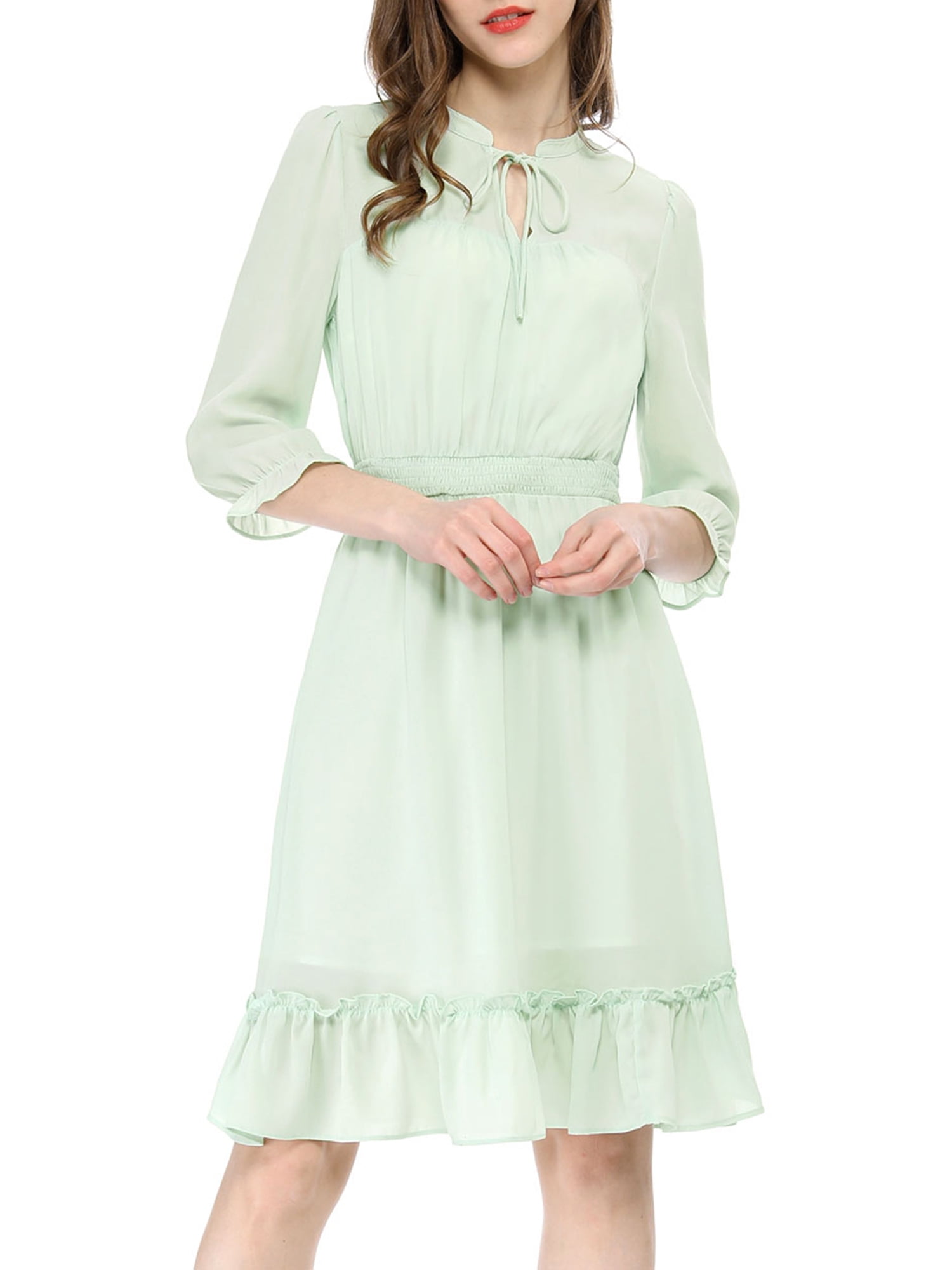 DARING DIVA Tie V Neck Chiffon 3/4 Sleeve Smocked Mini A-Line Dress M Green