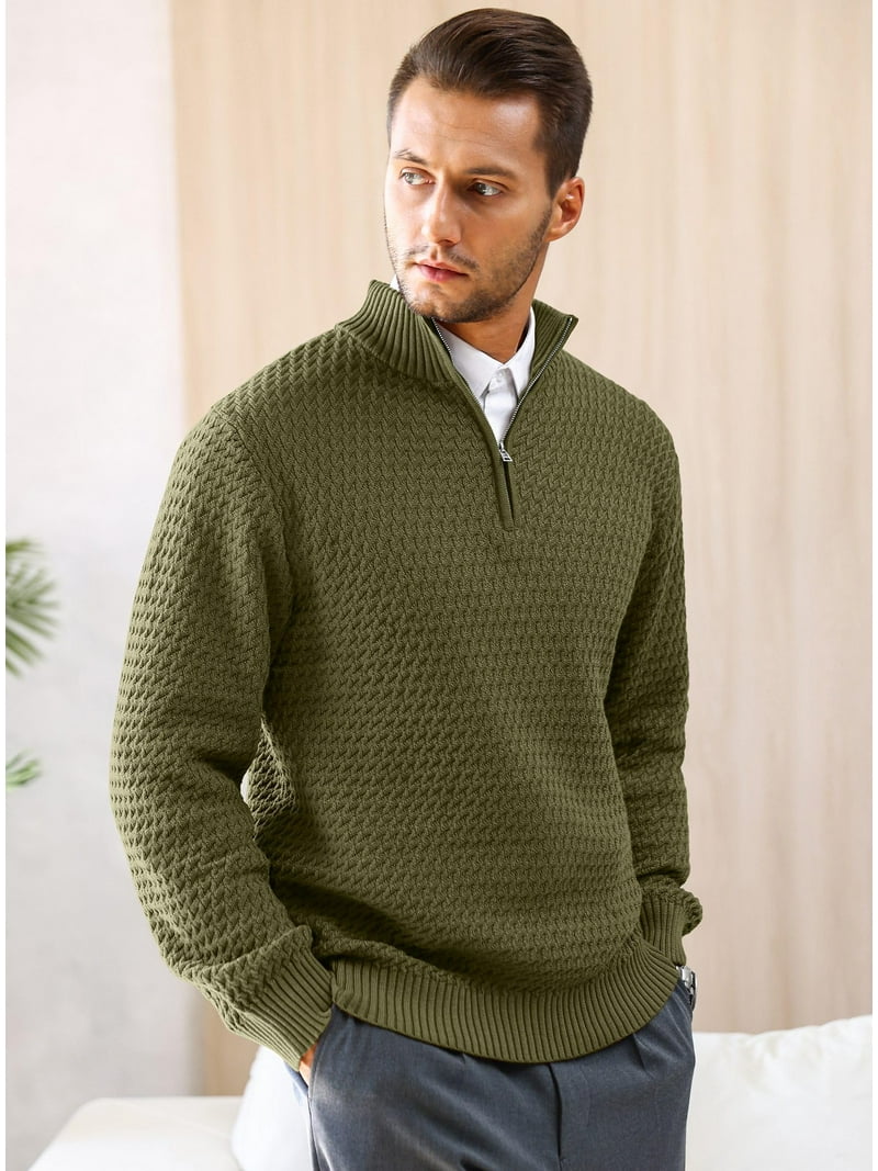 Zaitun Men's Cable Knit Quarter Zip Pullover Sweater