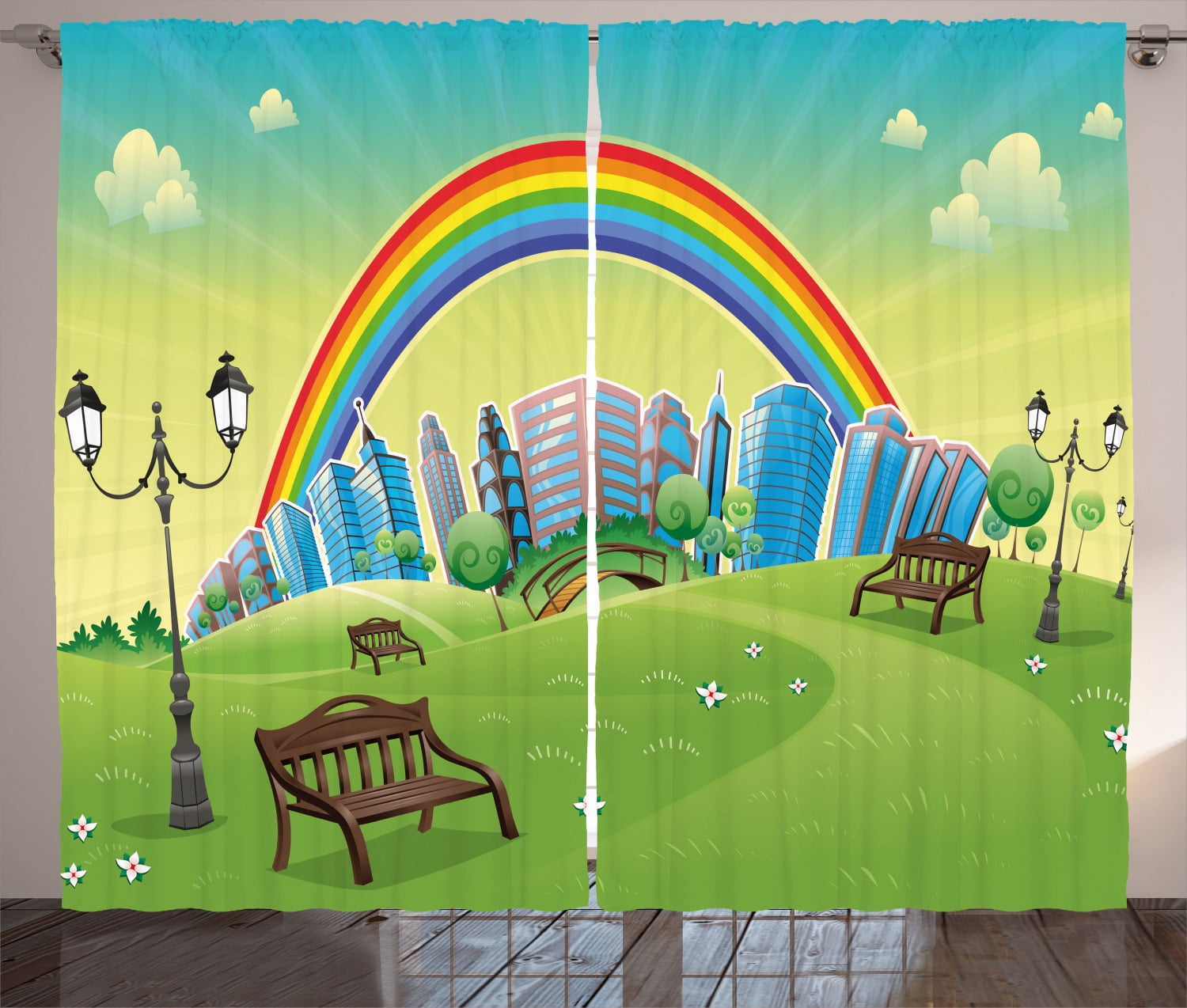 Cartoon Curtains 2 Panels Set, Kids Nursery Design Park Bench Hills