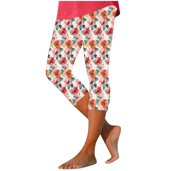 Womens Soft Yoga Pants for Floral Print High Waist Pants Knee Length Slim Fit Yoga Cropped Trouser Leggings for Women Running Gym and Workout