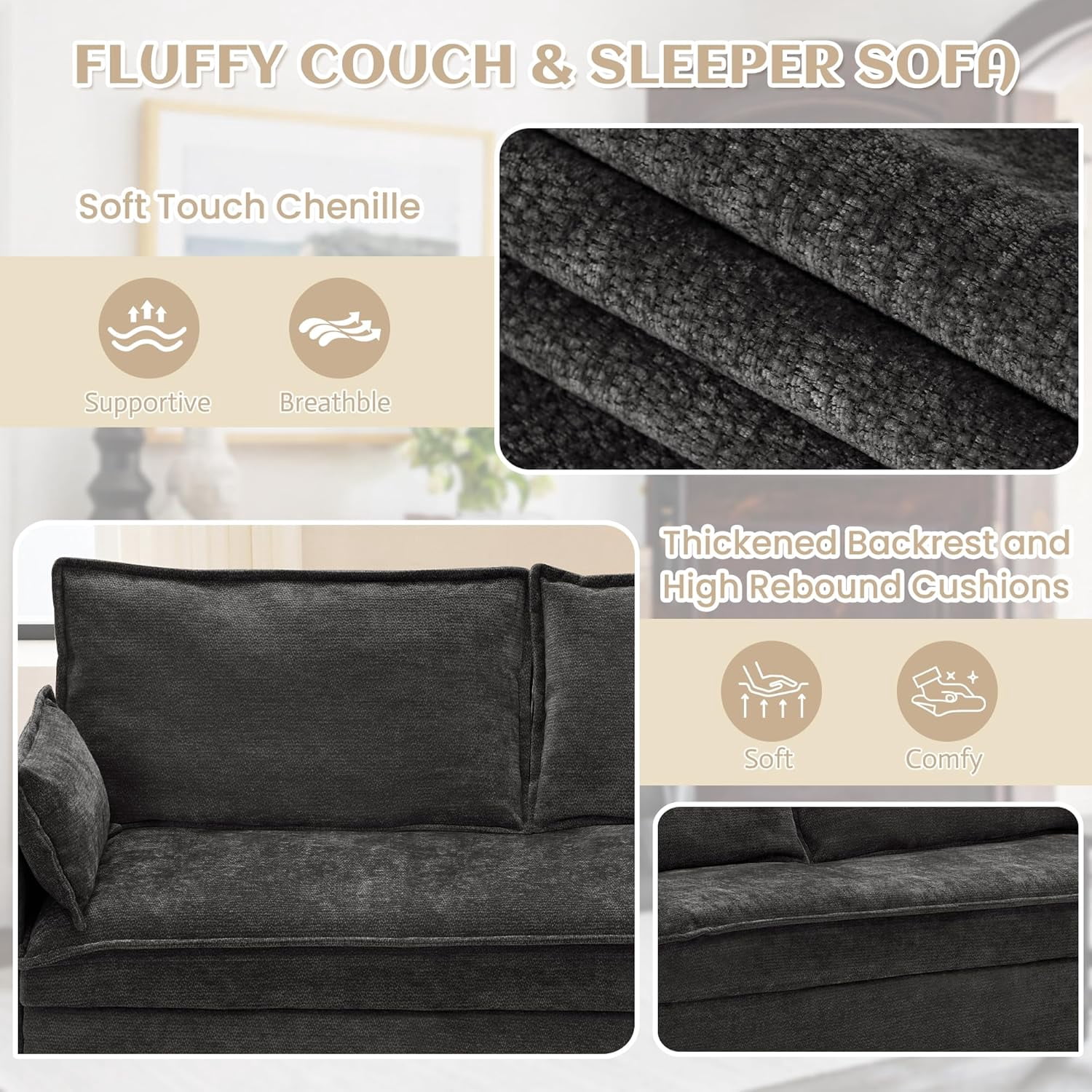 Modern Convertible Sleeper Sofa with USB Charging, Queen-size Corduroy Upholstery Sofa Bed, Black