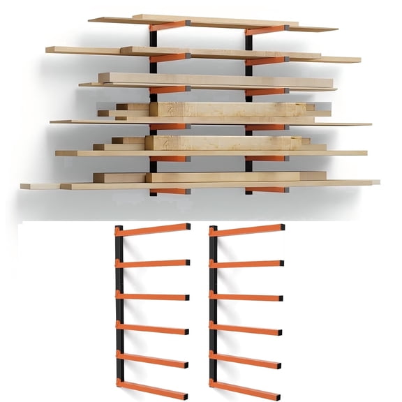 2-Pack 6-Tier Black & Orange Board Racks, Heavy-Duty Laminate Shelf Organizers for Industrial Storage and Display, Multi-Layer Panel Shelving Units