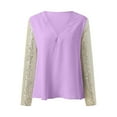 thumbnail image 4 of Long Sleeve Shirt With Sparkling Sequin Sleeve & V Neck Design Loose Fit Pullover Tops (Purple M), 4 of 4