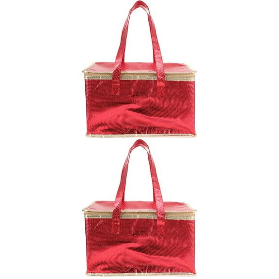Set of 2 Decorative Thermal Food Bag Insulated Delivery Cooler Tote Heat Bags Pizza Shopping Red