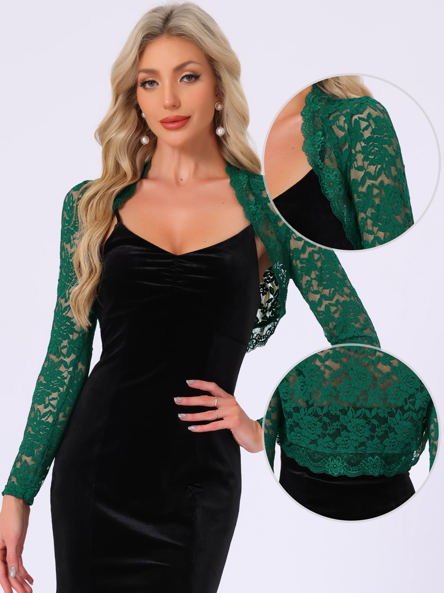 DARING DIVA Women's Floral Bolero Shrug Long Sleeve Sheer Cropped Lace Cardigan M Green