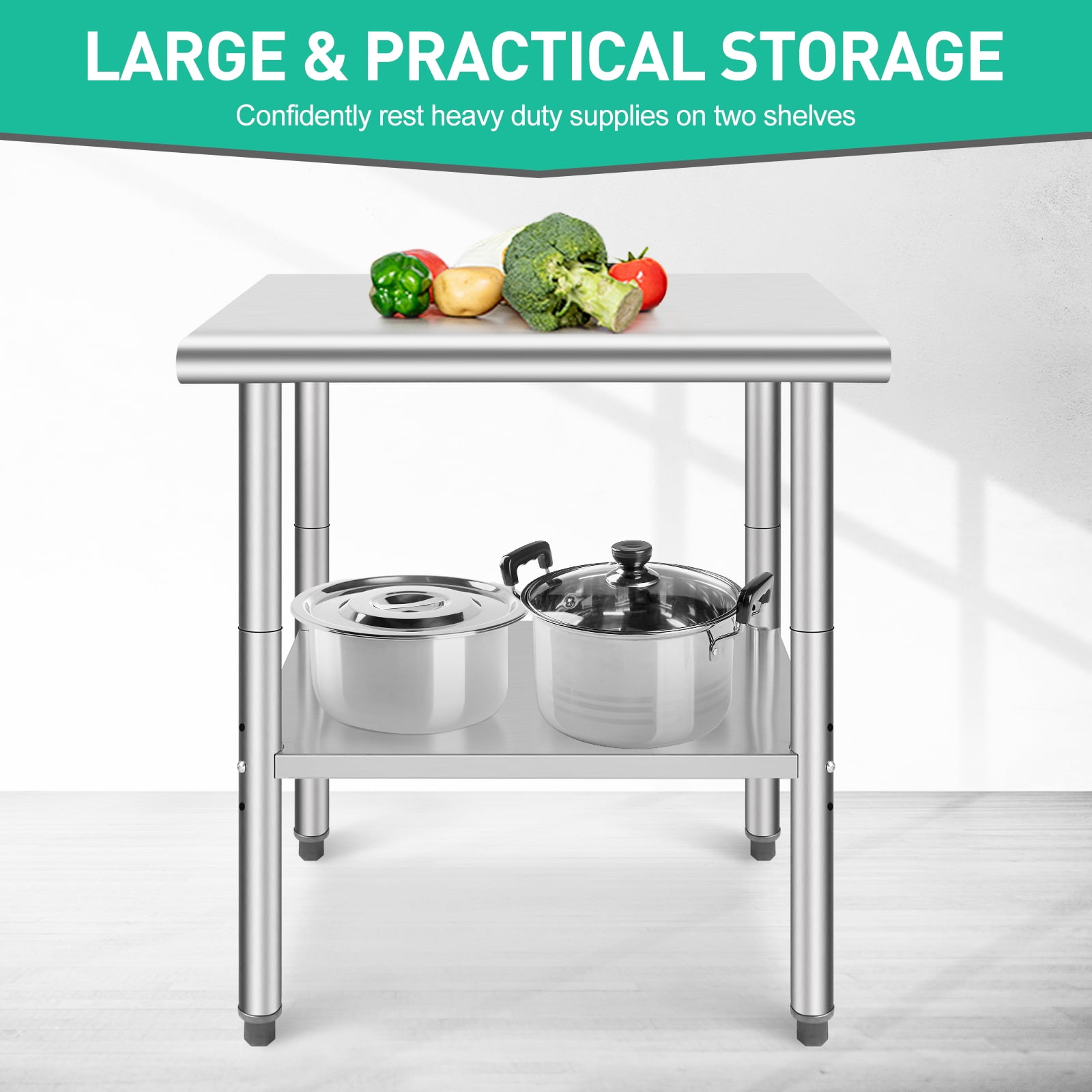 Huisuilinss Stainless Steel Table,Metal Prep & Work Table with Adjustable Undershelf NSF Metal Commercial Kitchen Table for Kitchen, Restaurant, Hotel and Garage Prep Table Work Table
