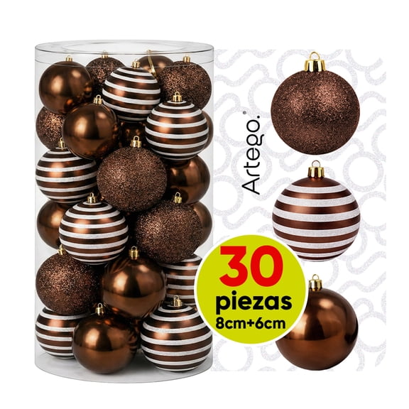Esferas para árbol de navidad Artego set mix de 30 esferas = 10pz*8cm 20pz*6cm color Café chessnut * Línea Glitter 3 acabados glitter, brillante y cromada, para colgar Christmas ornaments