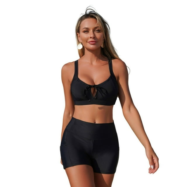Active Swim Set with Pockets Matching Solid Color Tankini, Sport Briefs for Beach & Pool