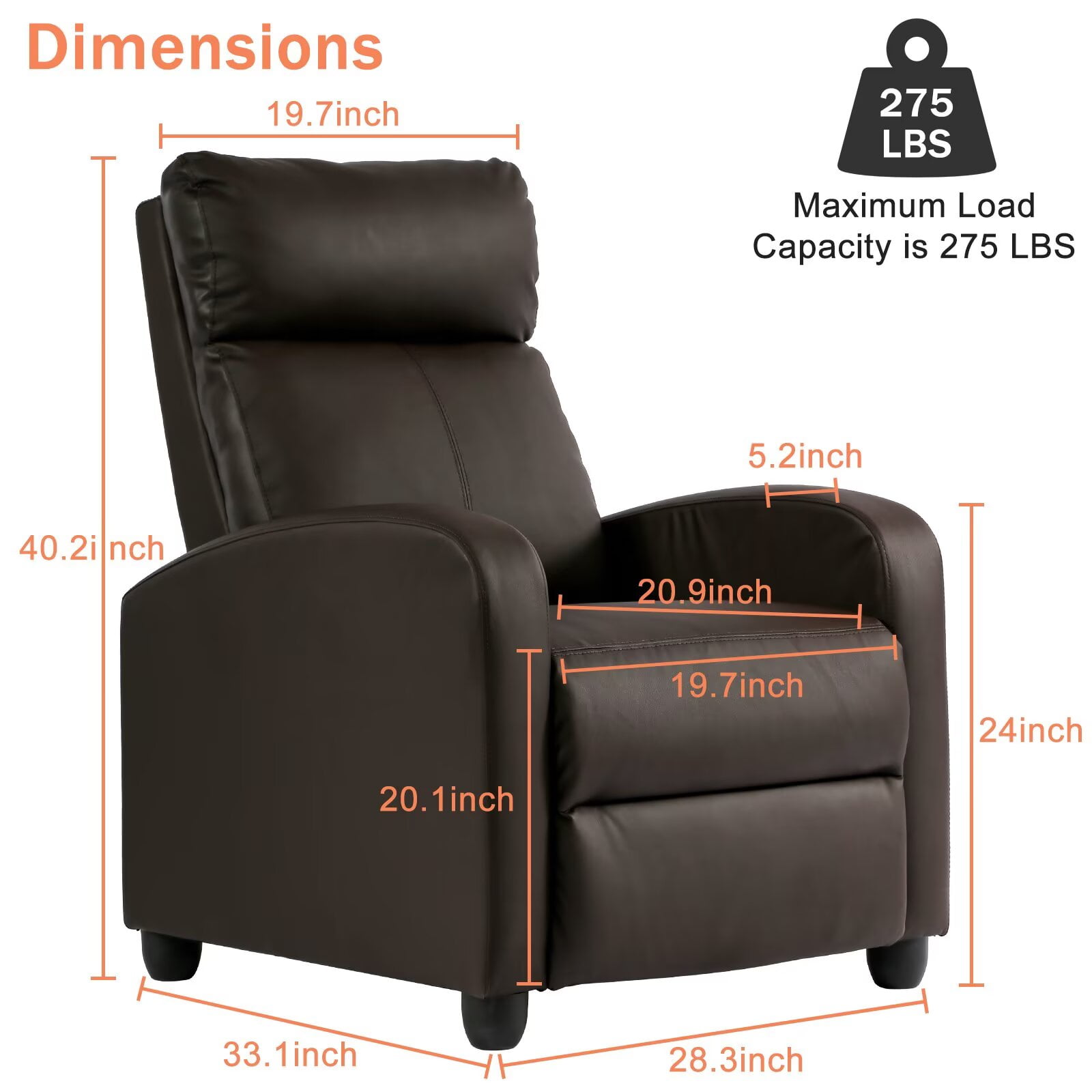 YRLLENSDAN Recliner Chair for Living Room Home Theater Seating Single Sofa Lounge with Padded Seat Backrest PU Leather for Adults, Brown