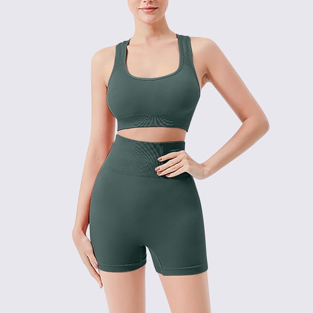Conjunto de dos piezas de sujetador deportivo con amortiguación para mujer, pantalones cortos deportivos de cintura alta sin costuras y almohadillas para el pecho, ropa moldeadora para mujer